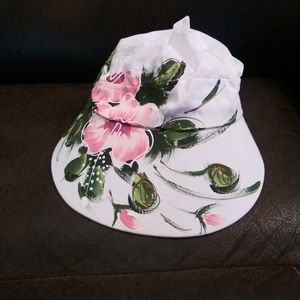 DPC hat sun shield soft One size.Beach floral hand painted Hawaii white pink.